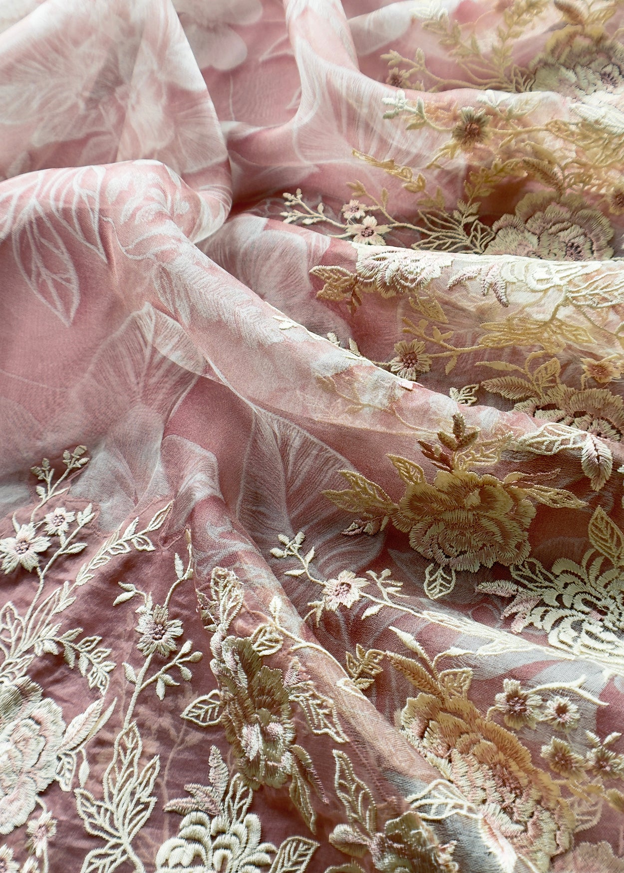 Pink Handloom Kora Silk Suit With Parsi Embroidery