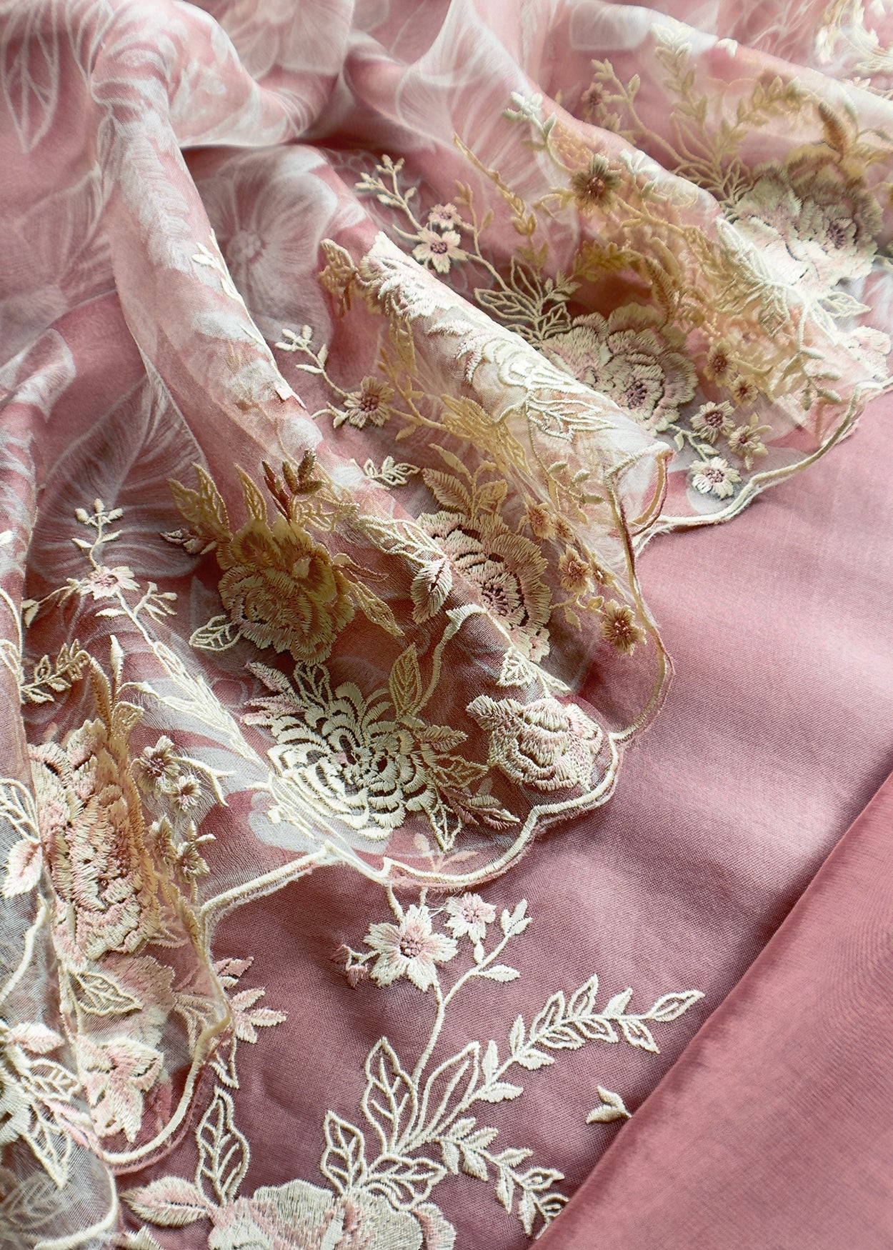 Pink Handloom Kora Silk Suit With Parsi Embroidery