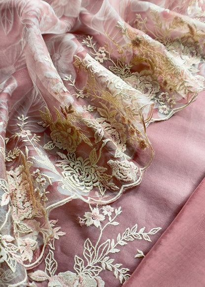 Pink Handloom Kora Silk Suit With Parsi Embroidery