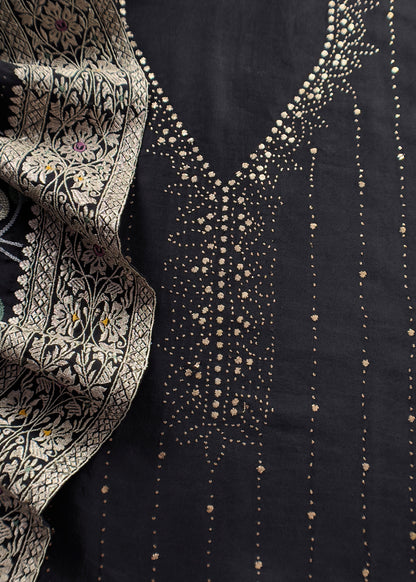 Premium quality silk unstitched suit with organza dupatta

