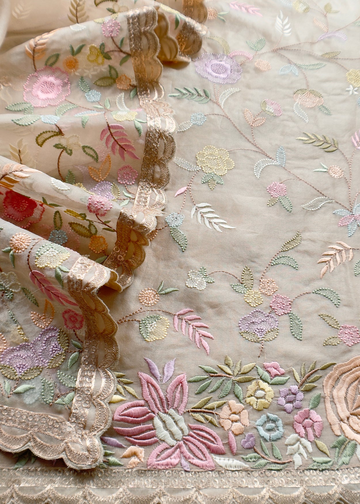 Beige Parsi Thread Embroidery Pure Organza Unstitched Suit With Dupatta