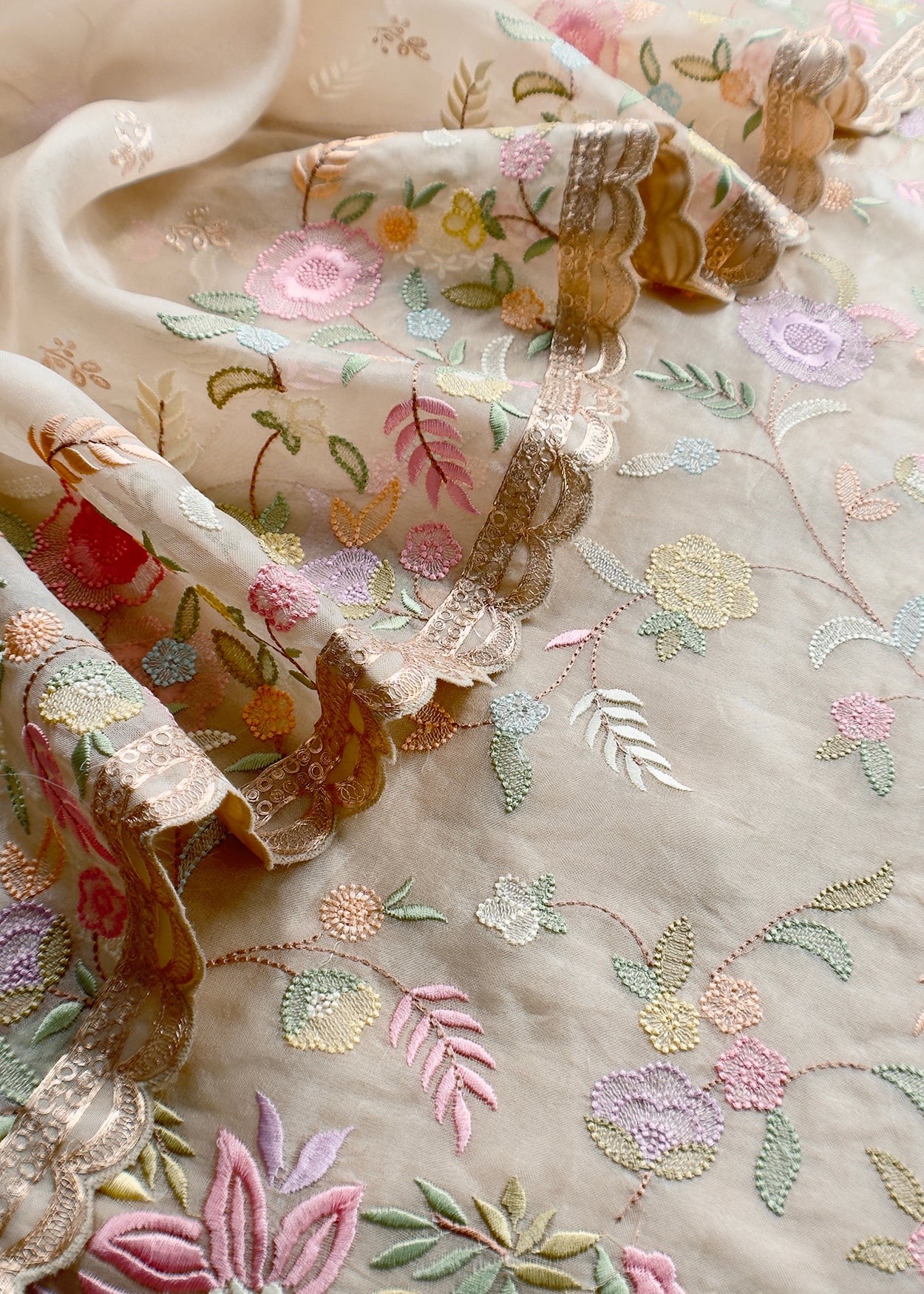 Beige Parsi Thread Embroidery Pure Organza Unstitched Suit With Dupatta