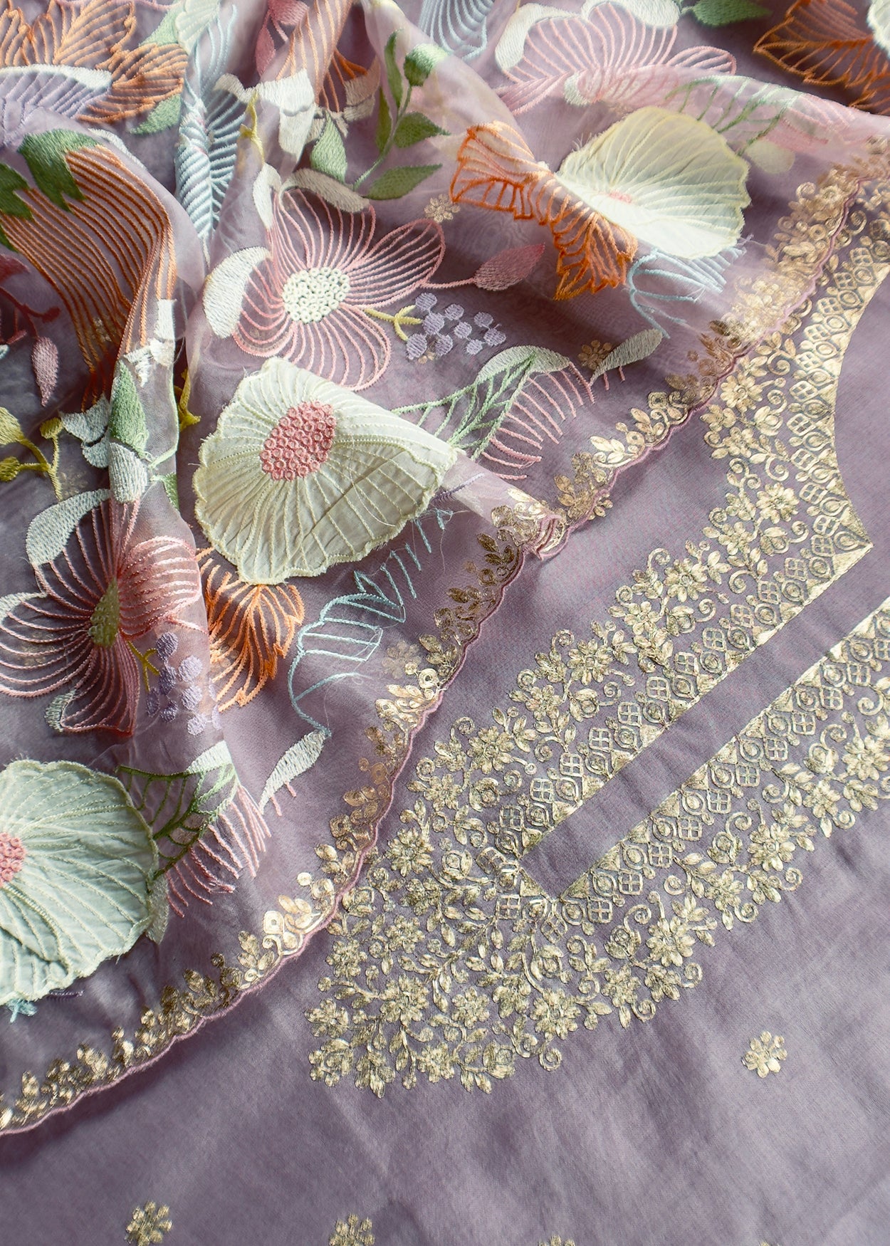 Lilec Pure Kora Silk Suit In Pitta Work With Thread Embroidery Floral Dupatta