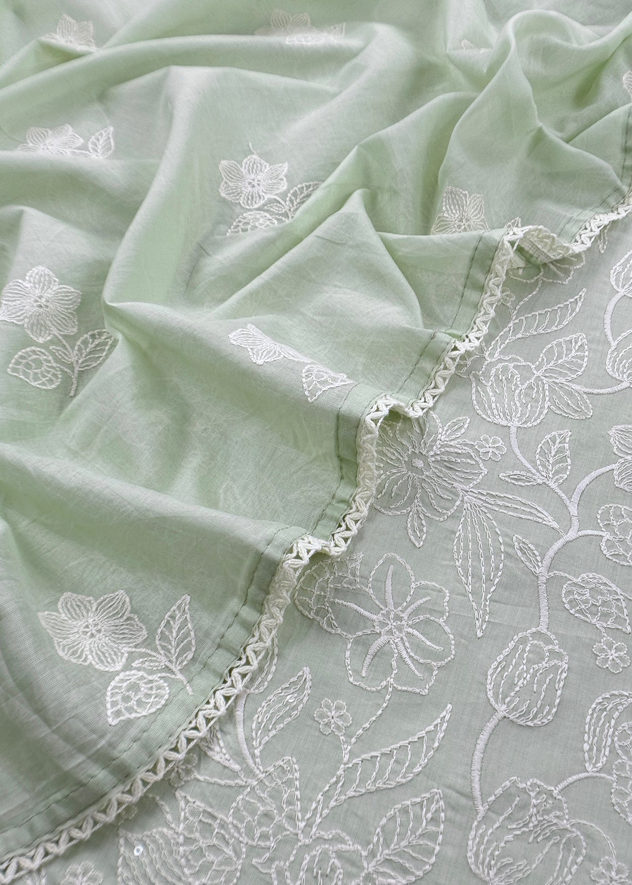 Pastel Green Cotton Suit With Lakhnavi Embroidery