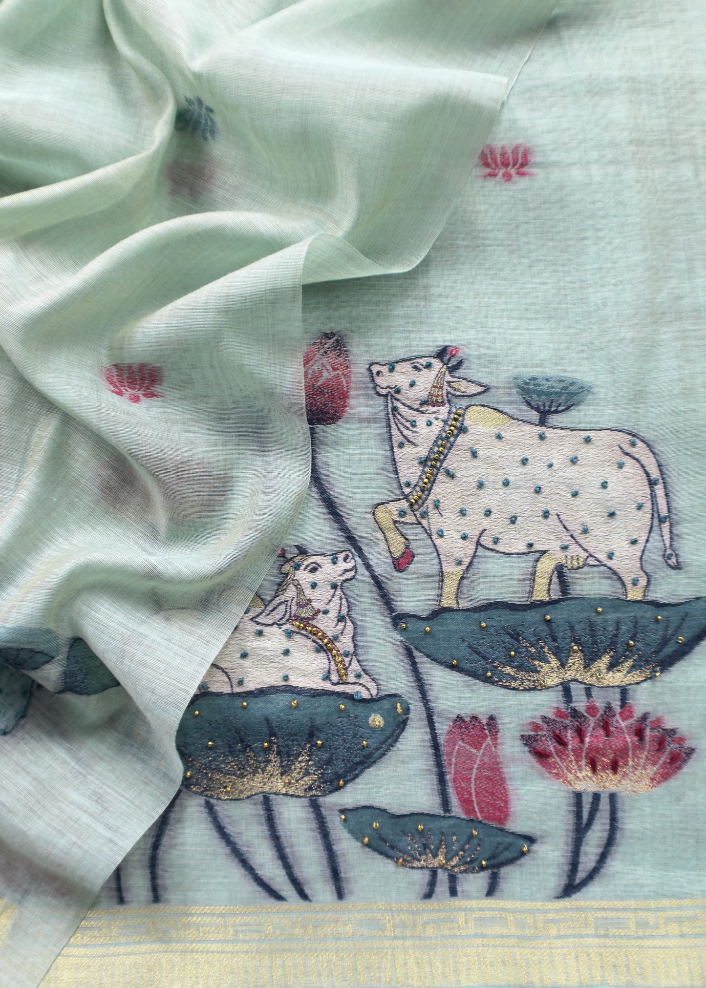 Sky Blue Kantha Embroidered Pichwai Suit With Jamdani Weaving