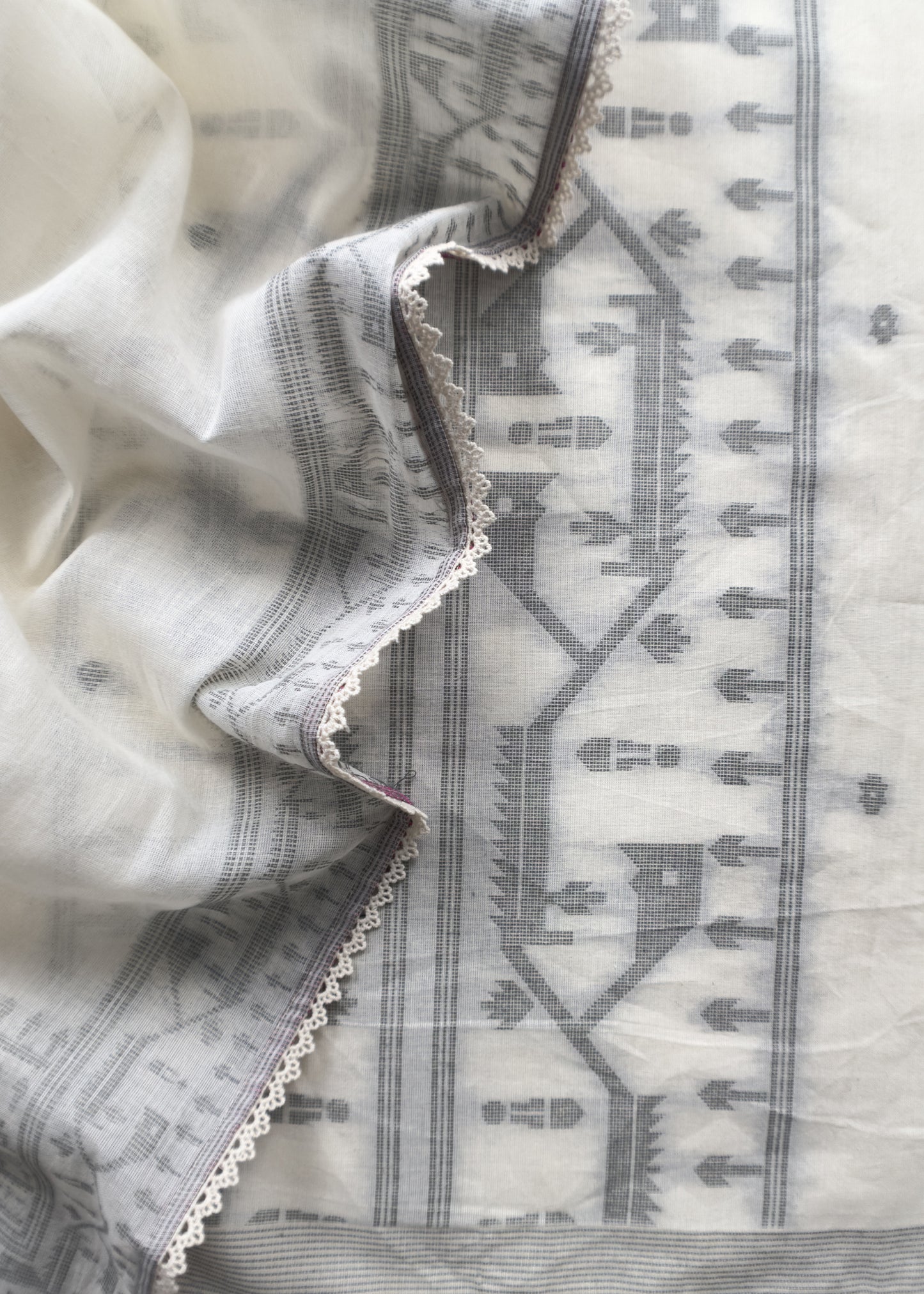Off-White Pure Cotton Linen Hand Block Print Suit Fabric With Jamdani Weaving