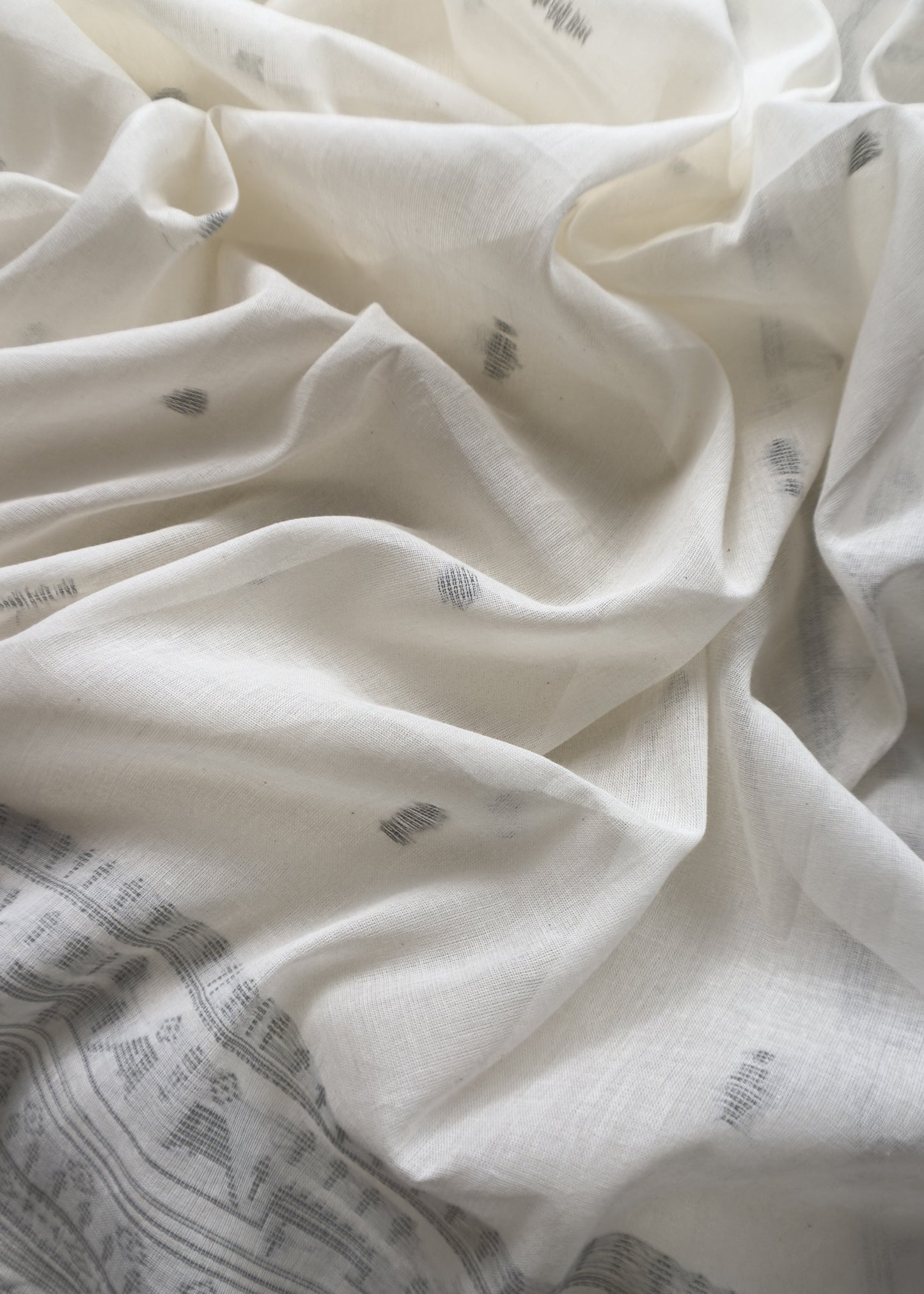 Off-White Pure Cotton Linen Hand Block Print Suit Fabric With Jamdani Weaving