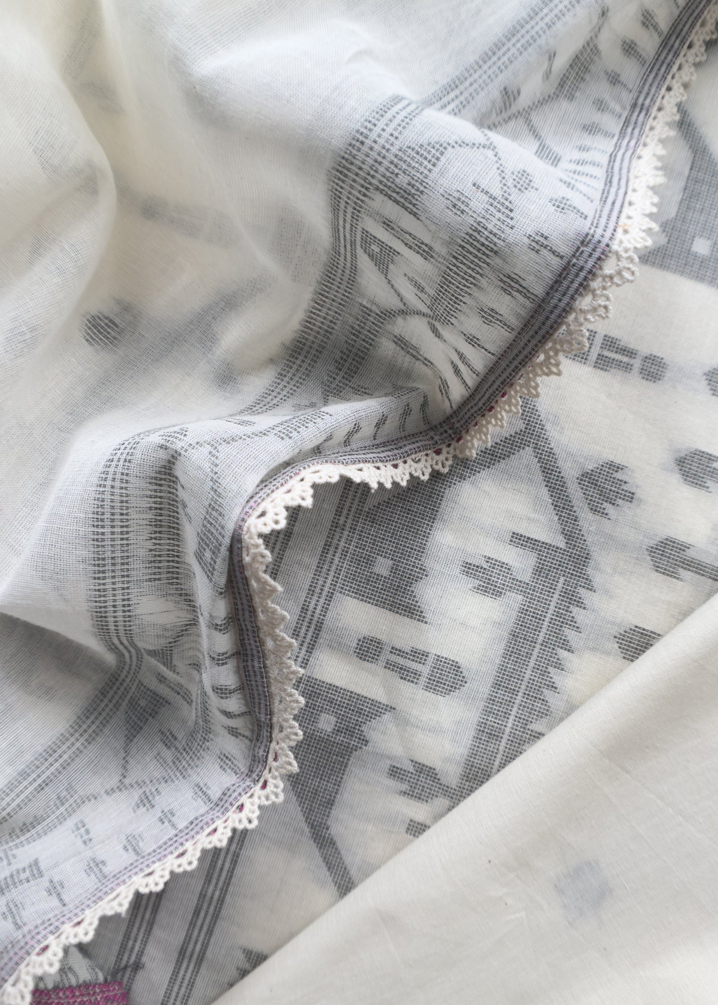 Off-White Pure Cotton Linen Hand Block Print Suit Fabric With Jamdani Weaving