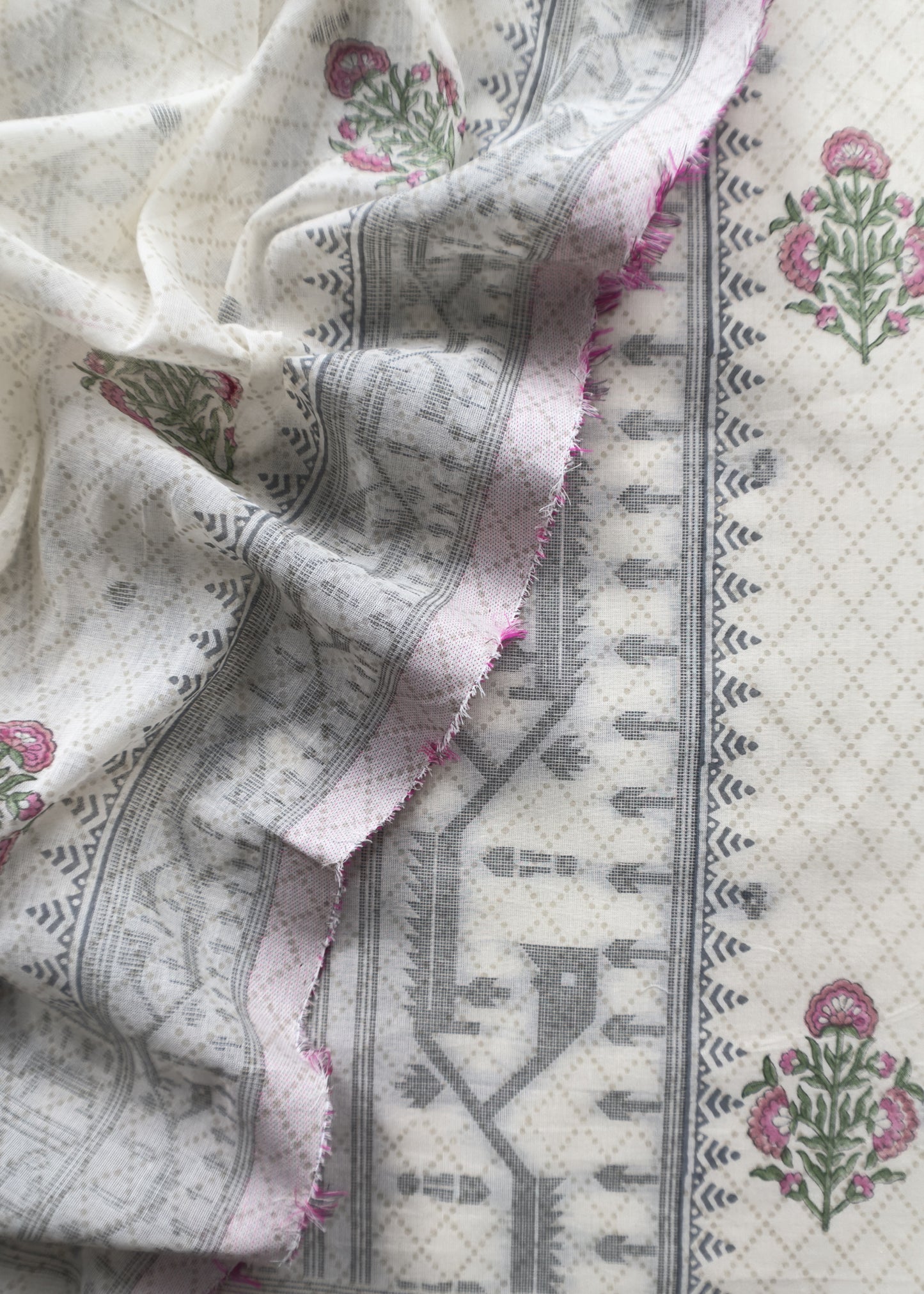 Off-White Pure Cotton Linen Hand Block Print Suit Fabric With Jamdani Weaving