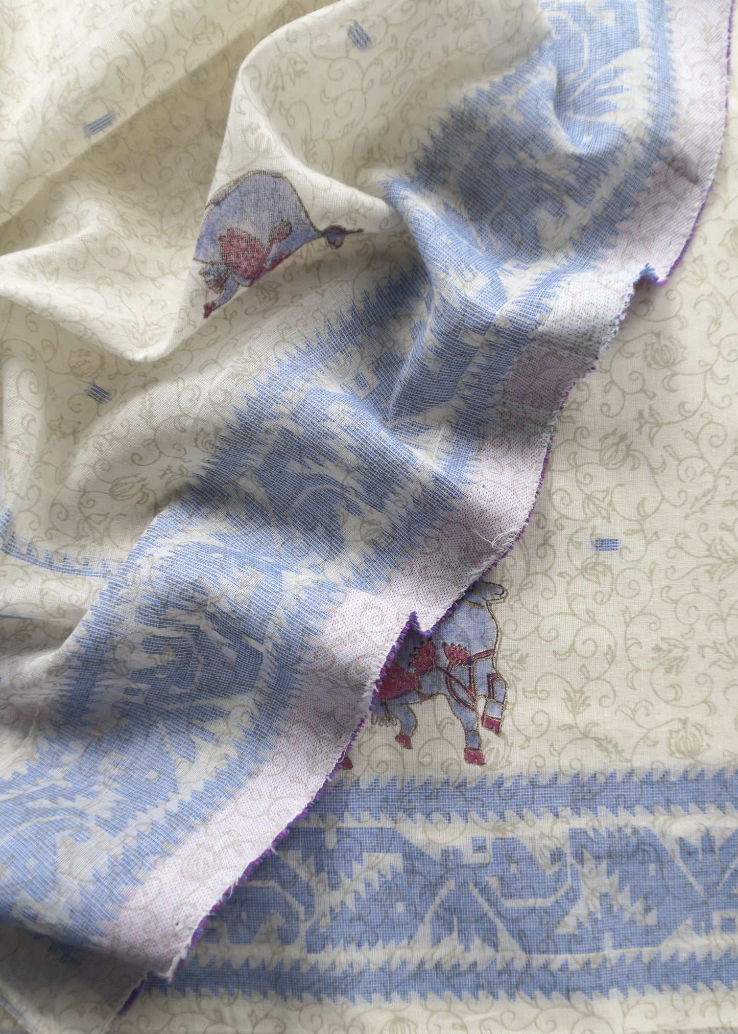 Off White With Blue Cotton Linen Suit With Jamdani Weaving