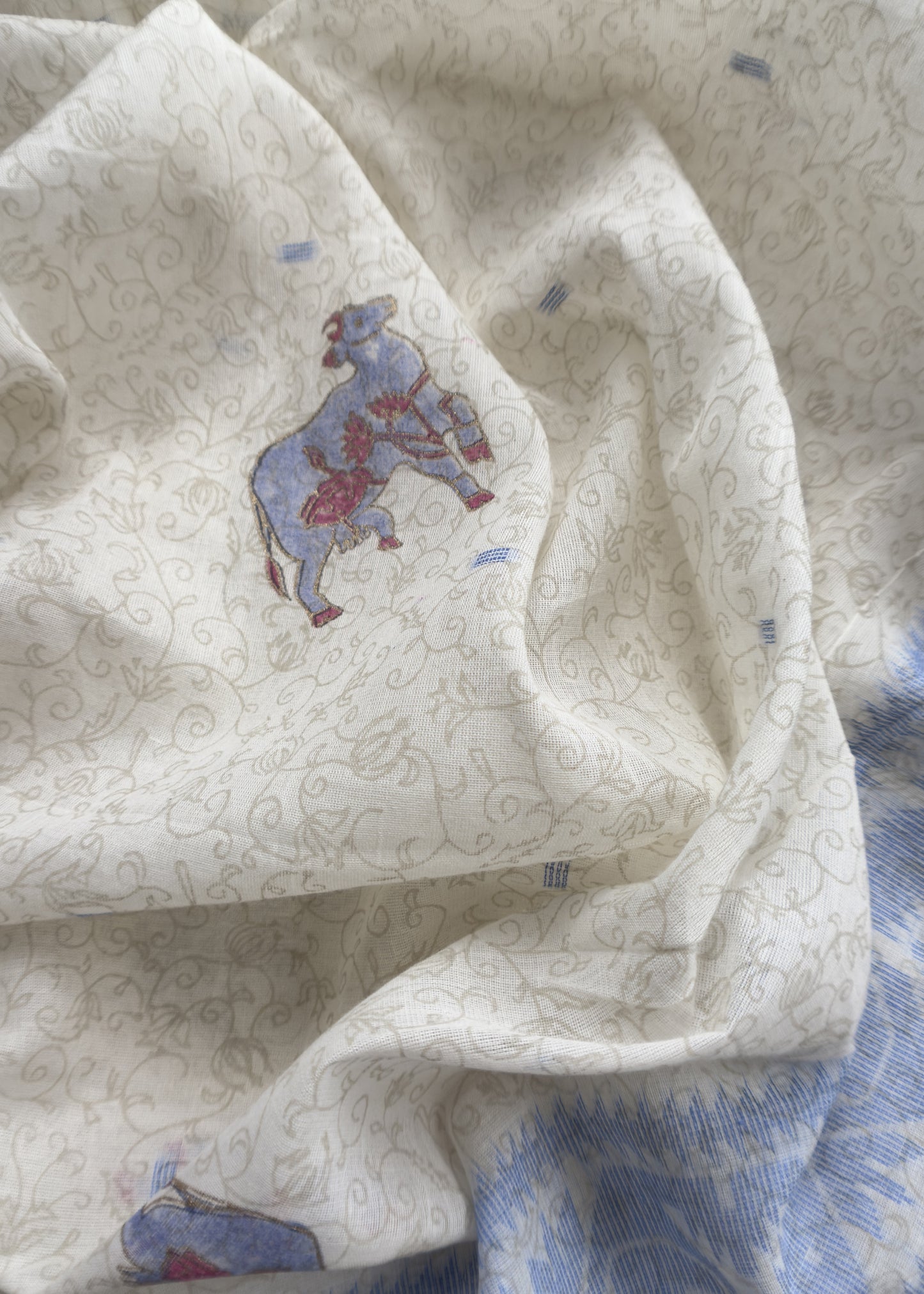 Off White With Blue Cotton Linen Suit With Jamdani Weaving