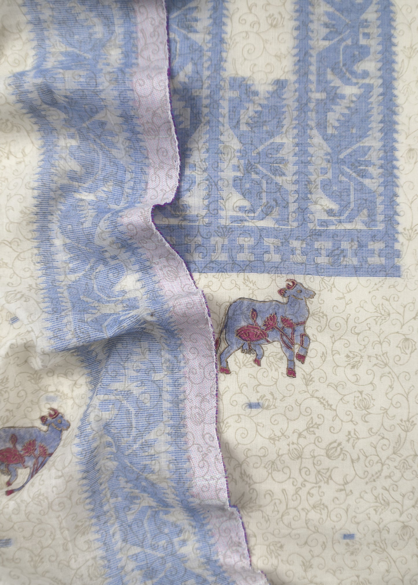 Off White With Blue Cotton Linen Suit With Jamdani Weaving