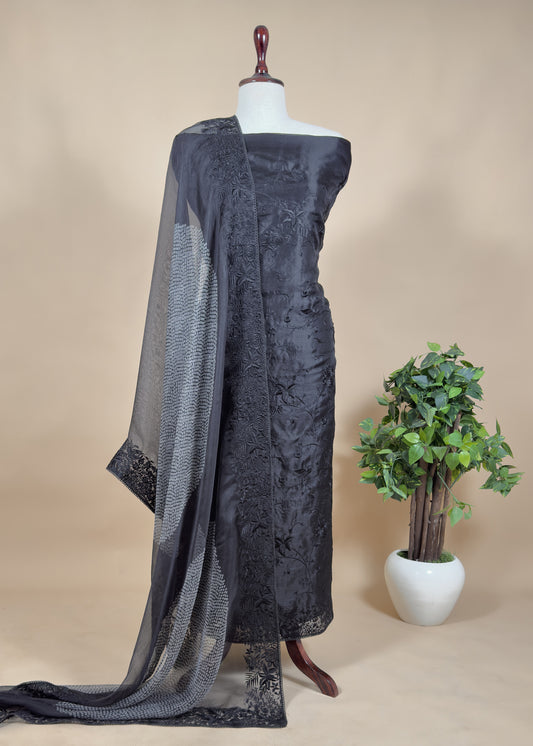 Black Embroidered Organza Silk Unstitched Suit With Bandhani Dupatta