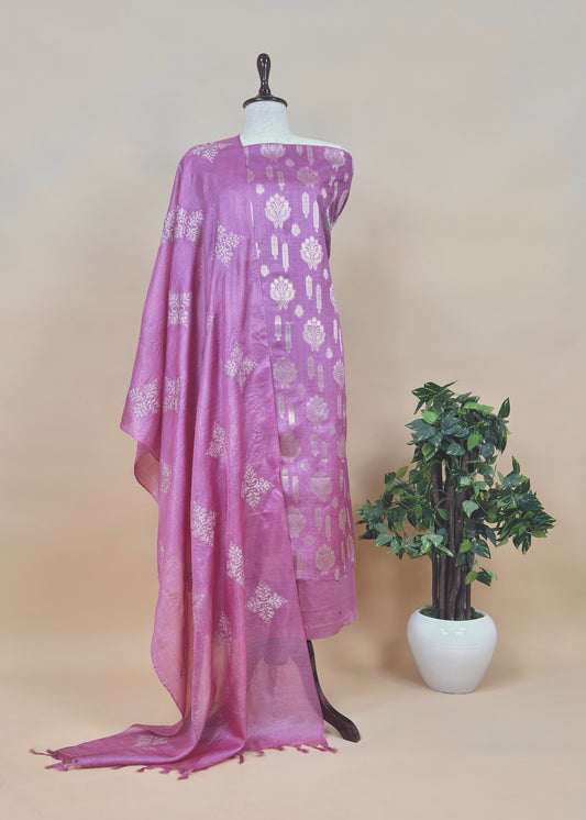 Pinkish Purple Munga Tussar Suit With Banarasi Zari Weaving and Pitta Work