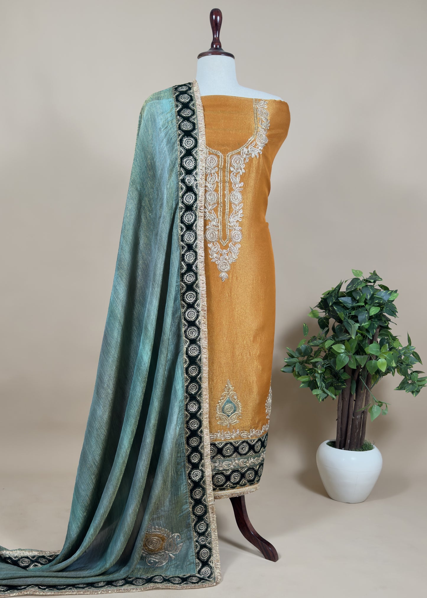 Green Embroidered Crush Tissue Unstitched Suit With Velvet Borders