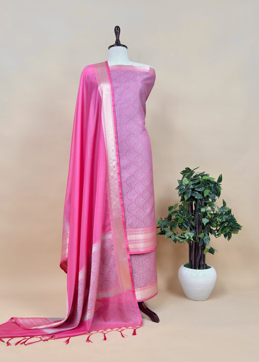 Candy Pink Pure Silk Suit with Meenakari multicolour weaving