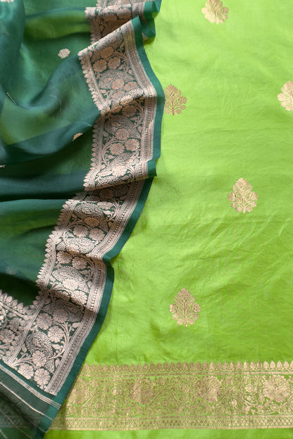 Green Handloom Kora Silk Kurta and Kora Silk Dupatta with Gold Kadwa weaving