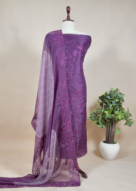 Purple Embroidered Organza Silk Unstitched Suit With Bandhani Dupatta