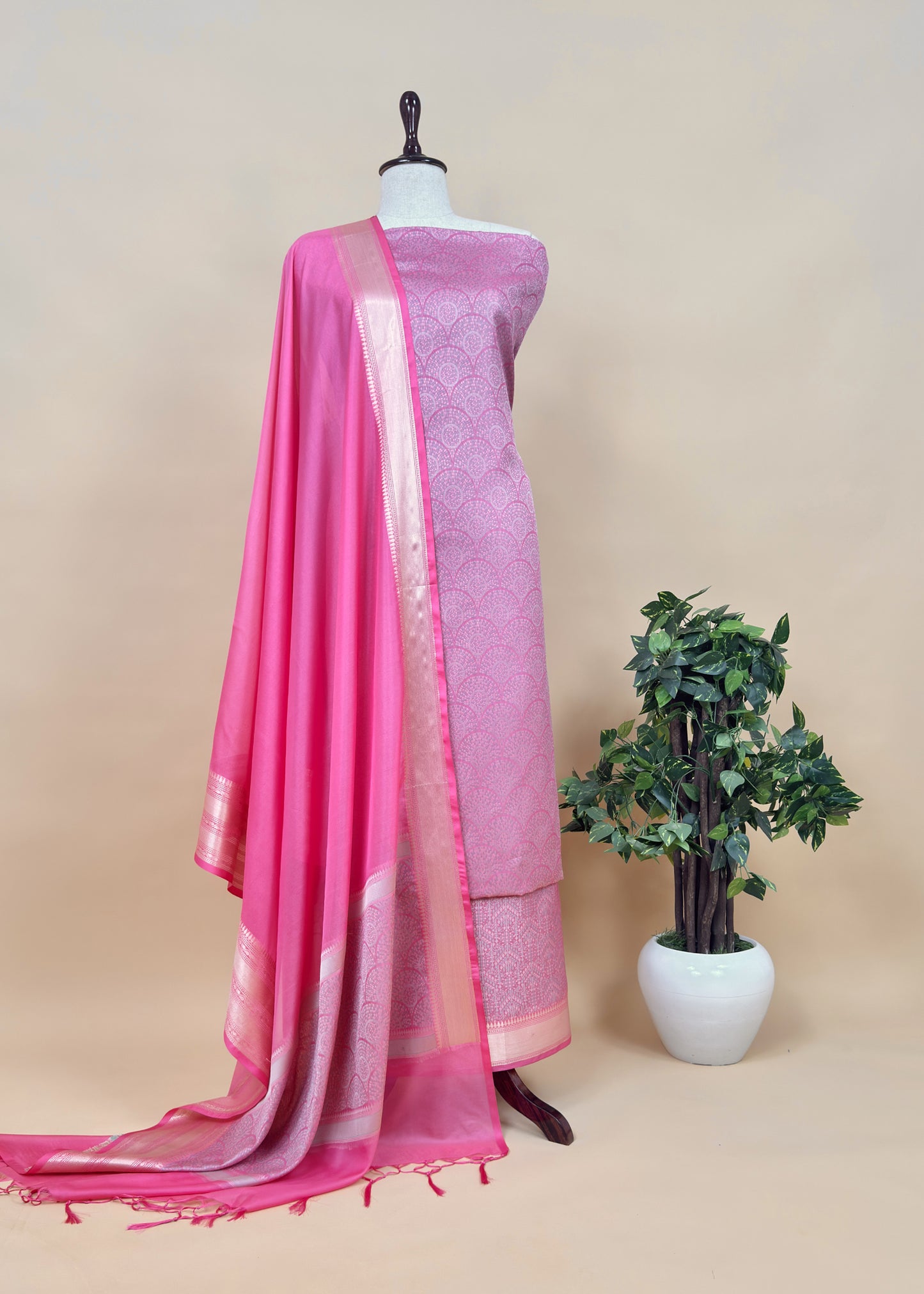 Candy Pink Pure Silk Suit with Meenakari multicolour weaving