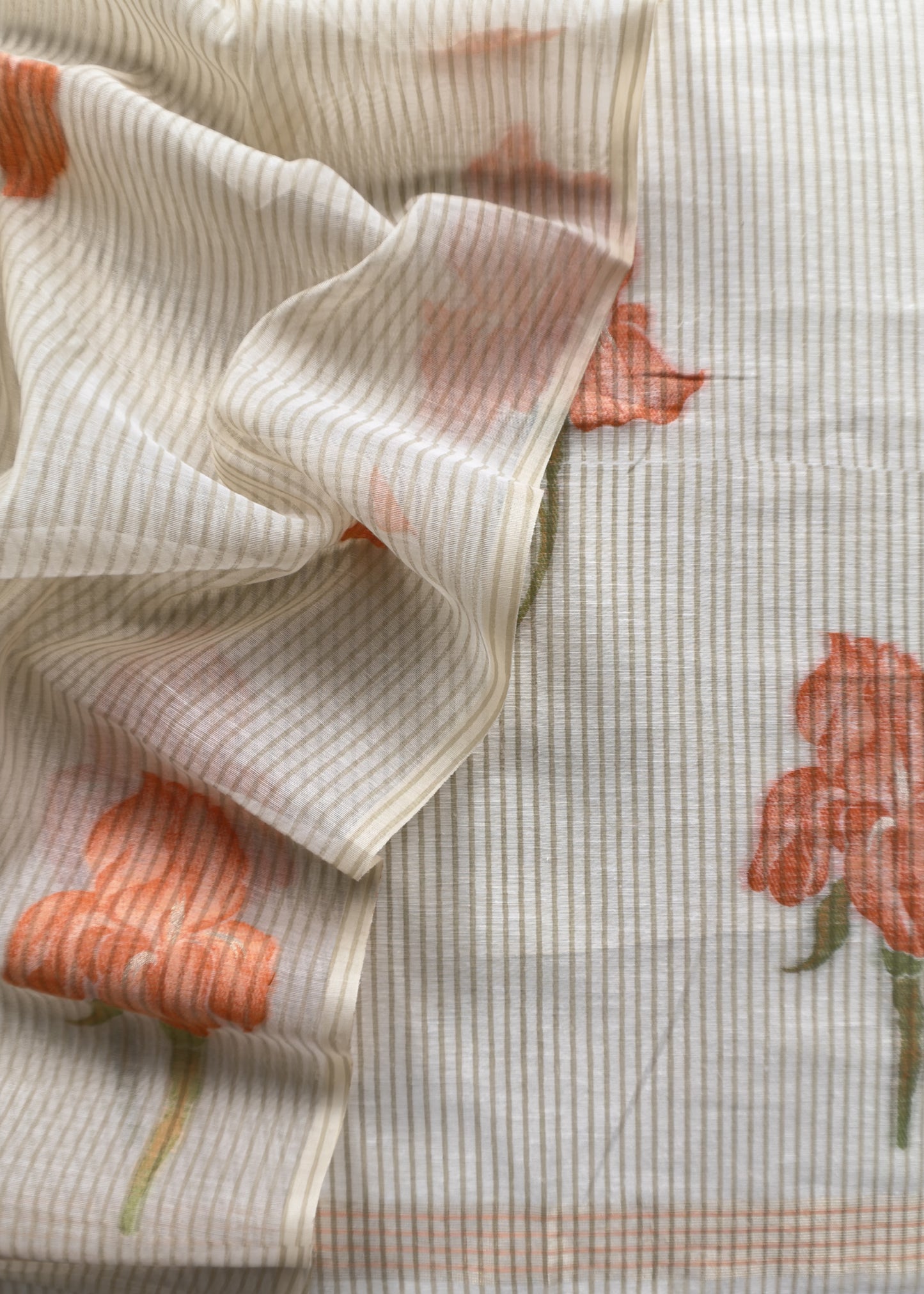 Beige With Orange Pure Cotton Linen Hand block Print Suit Fabric With Jamdani Weaving