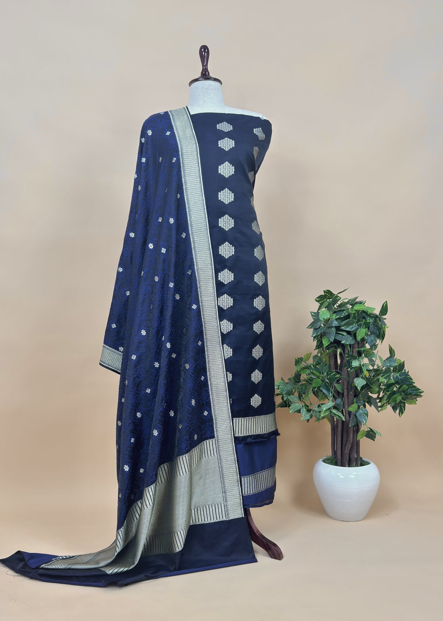 Midnight Blue Dhup chaav Pure Katan Silk Suit fabric with Meenakari zari weaving