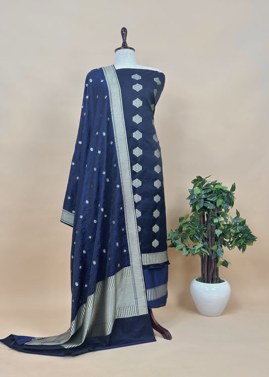 Midnight Blue Dhup chaav Pure Katan Silk Suit fabric with Meenakari zari weaving