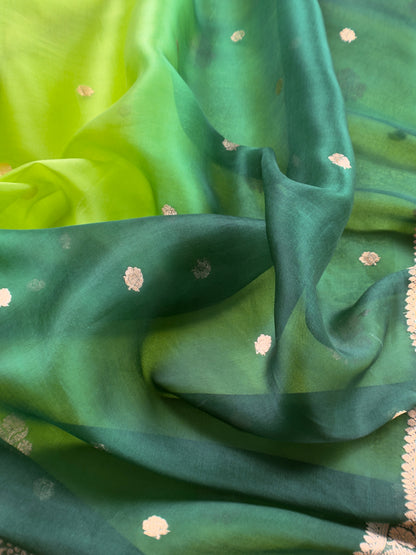 Green Handloom Kora Silk Kurta and Kora Silk Dupatta with Gold Kadwa weaving