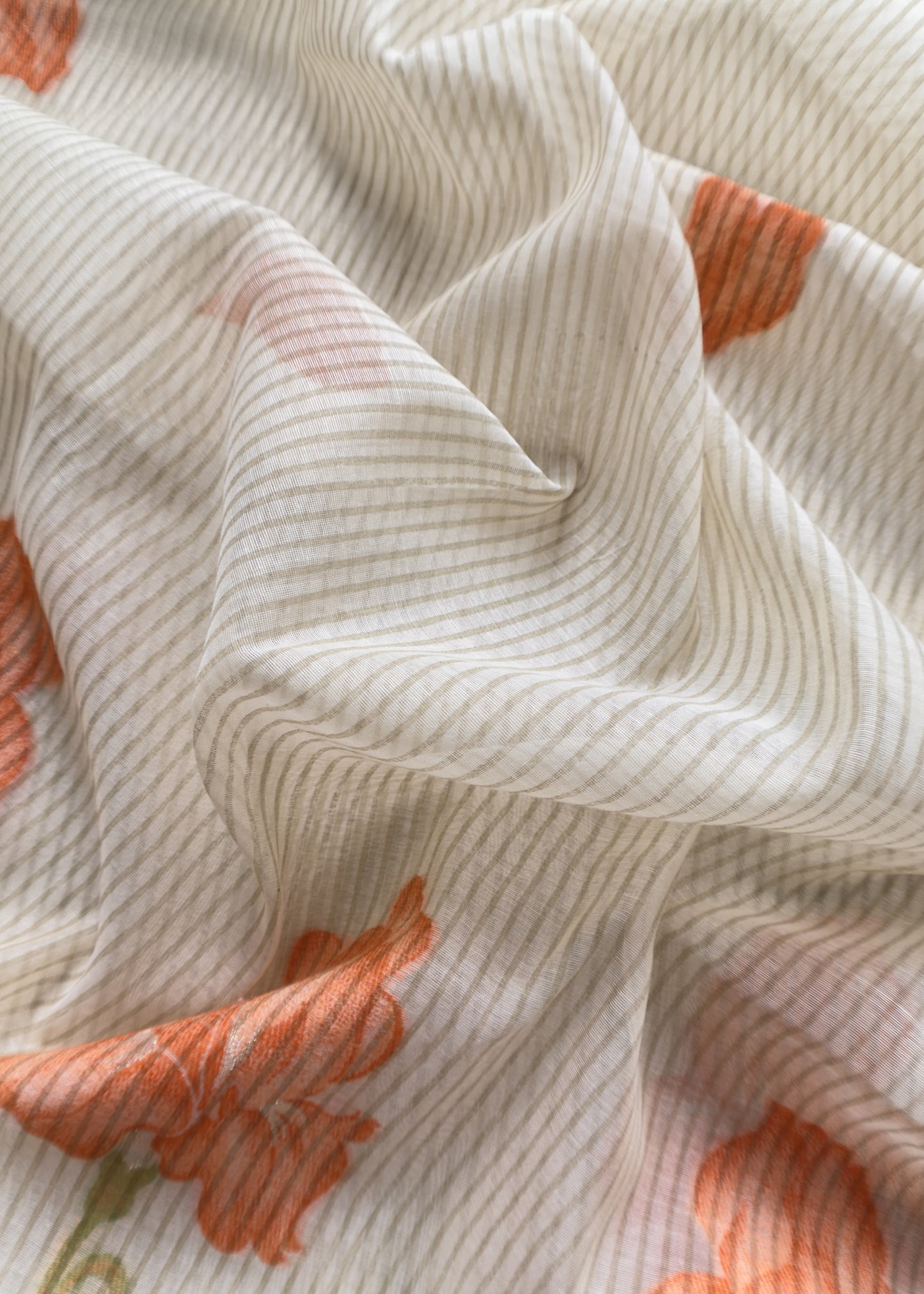 Beige With Orange Pure Cotton Linen Hand block Print Suit Fabric With Jamdani Weaving