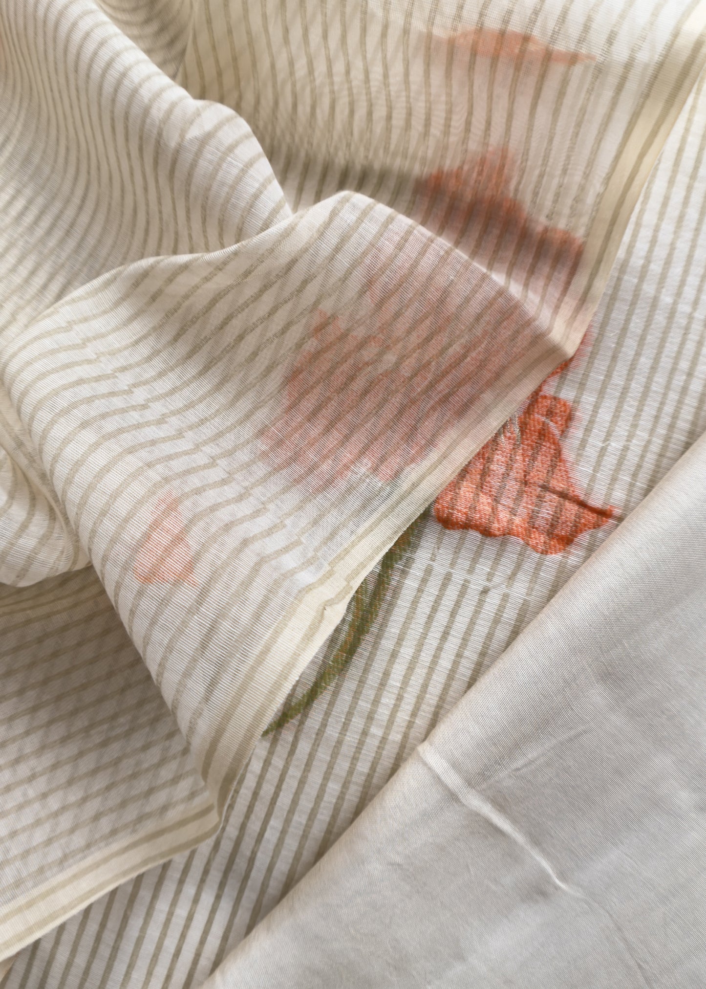 Beige With Orange Pure Cotton Linen Hand block Print Suit Fabric With Jamdani Weaving