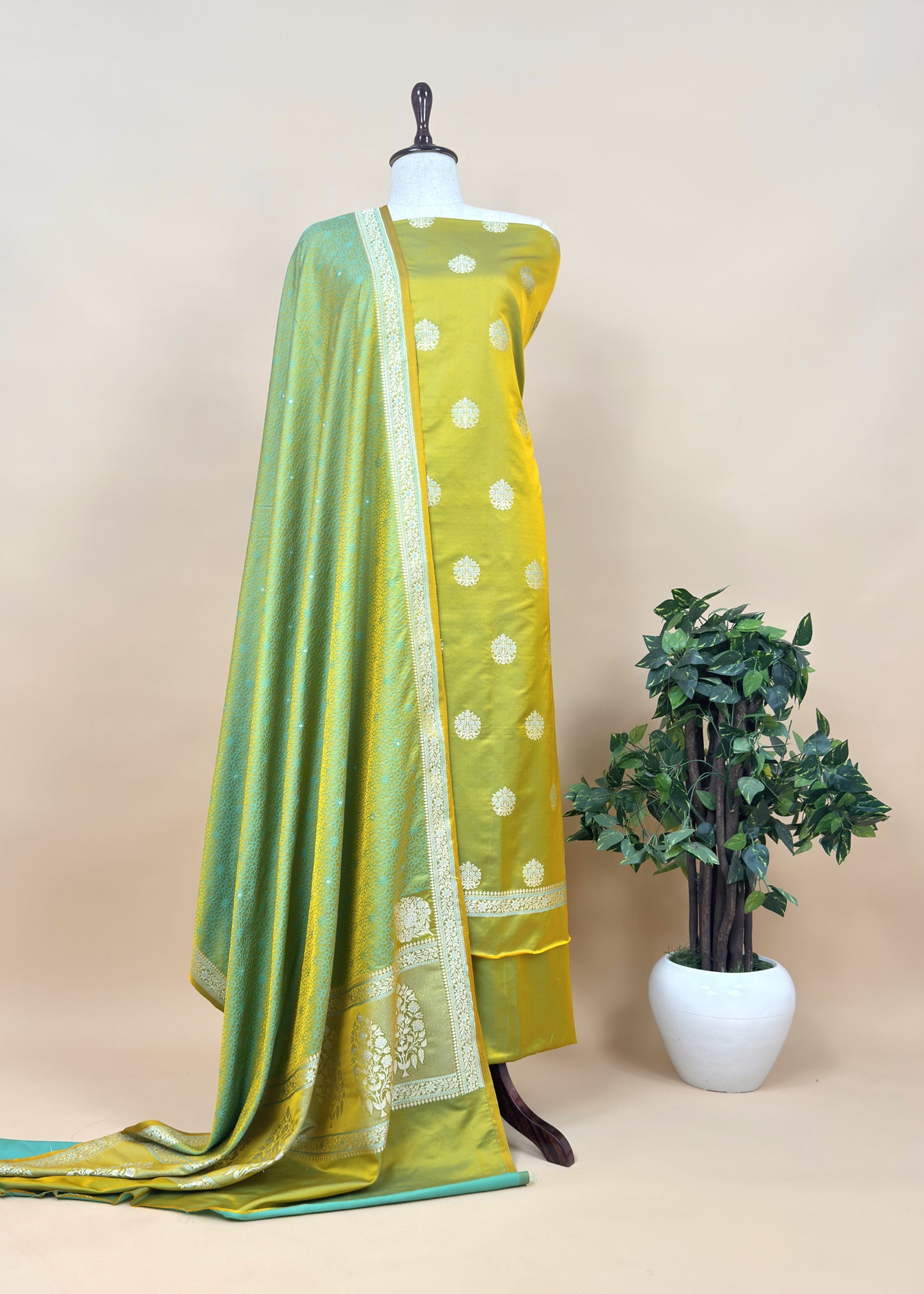 Light Green Dhup Chaav Pure Katan Silk Suit Fabric With Meenakari Zari Weaving