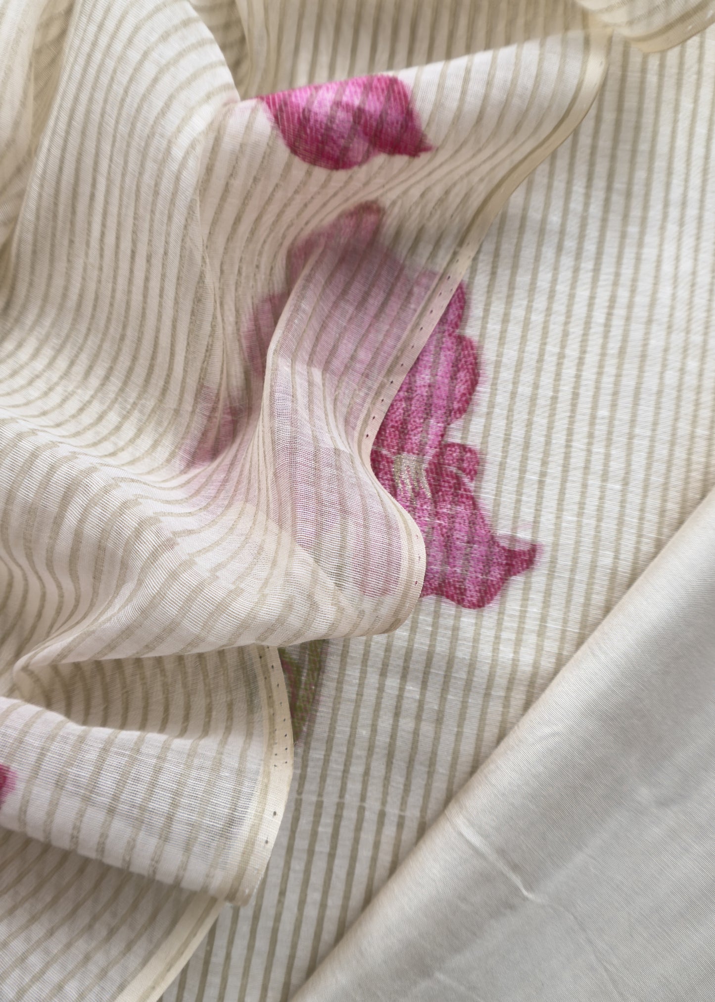 Beige With Pink Pure Cotton Linen Hand Block Print Suit Fabric With Jamdani Weaving