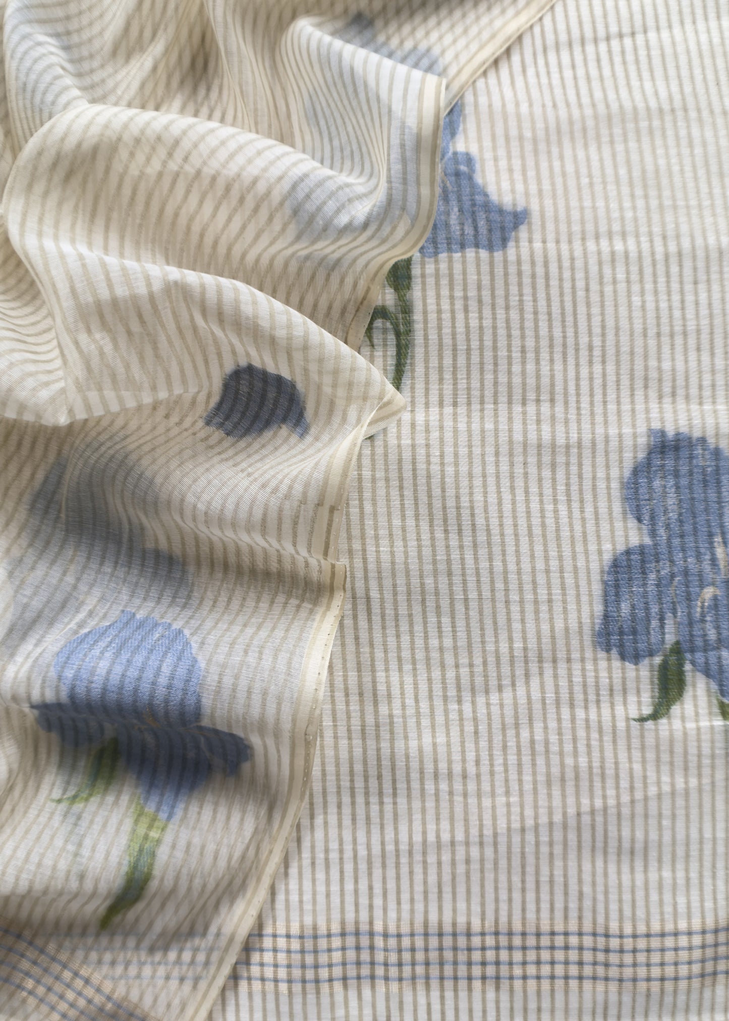 Beige With Blue Pure Cotton Linen Hand Block Print Suit Fabric With Jamdani Weaving