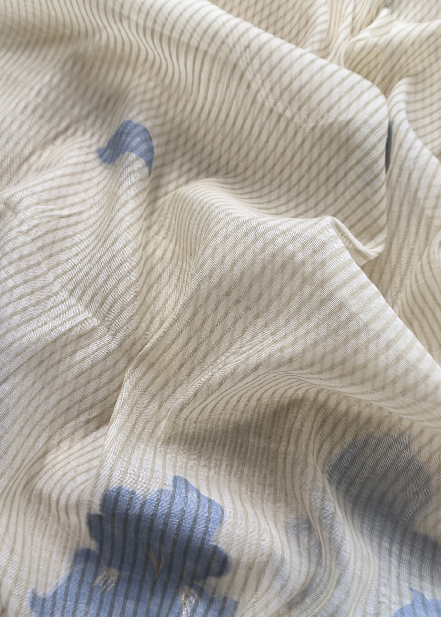 Beige With Blue Pure Cotton Linen Hand Block Print Suit Fabric With Jamdani Weaving