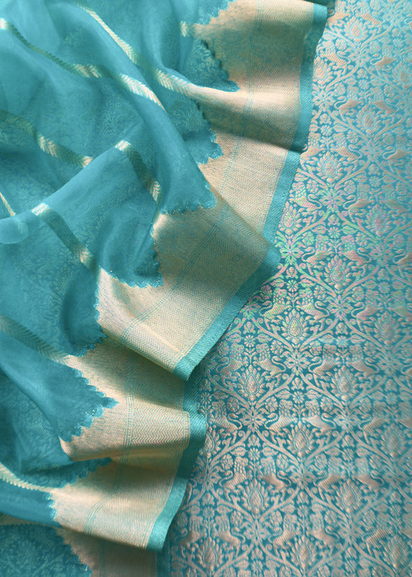 Firozi Banarasi Silk Brocade Suit With Organza Dupatta