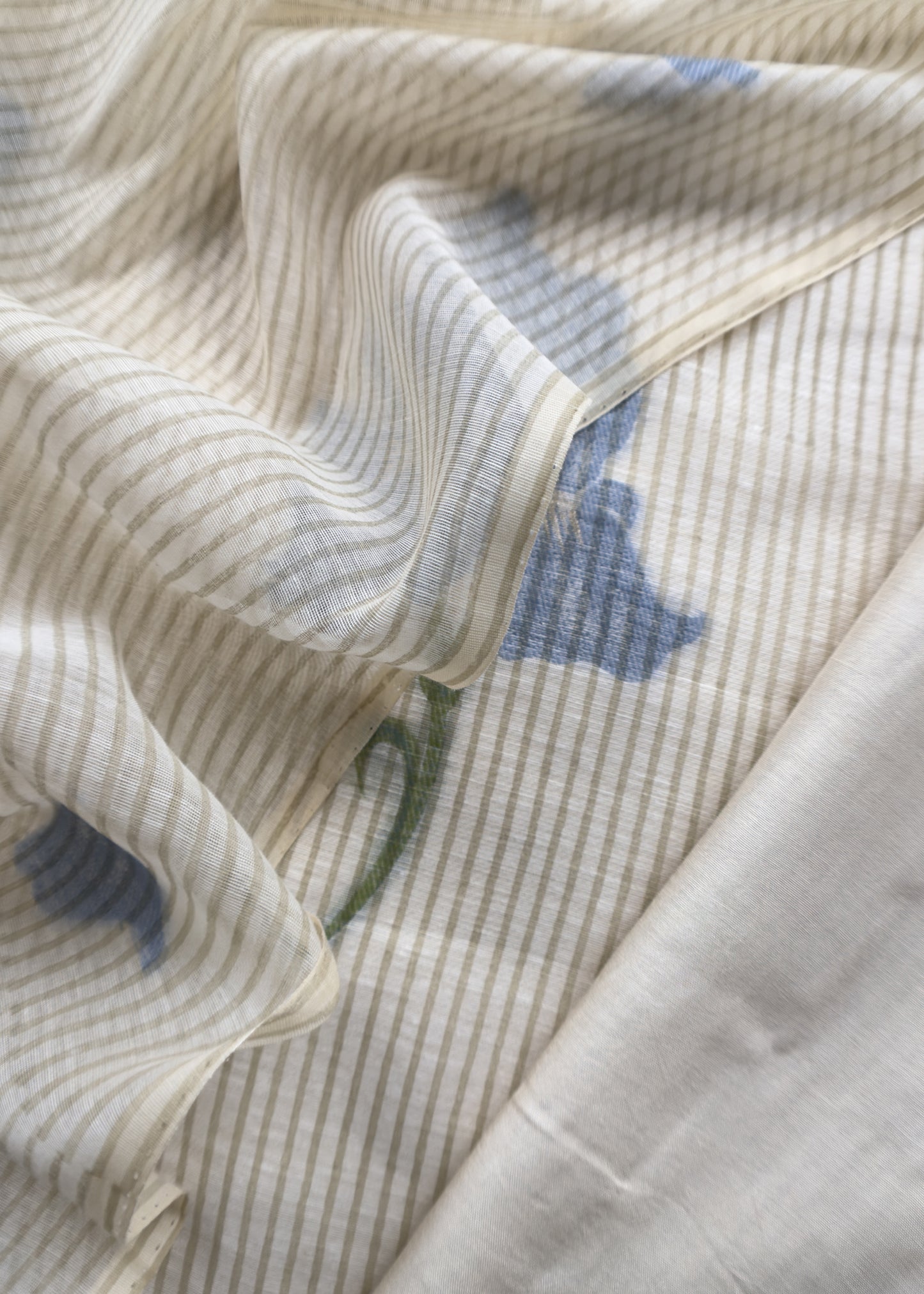 Beige With Blue Pure Cotton Linen Hand Block Print Suit Fabric With Jamdani Weaving