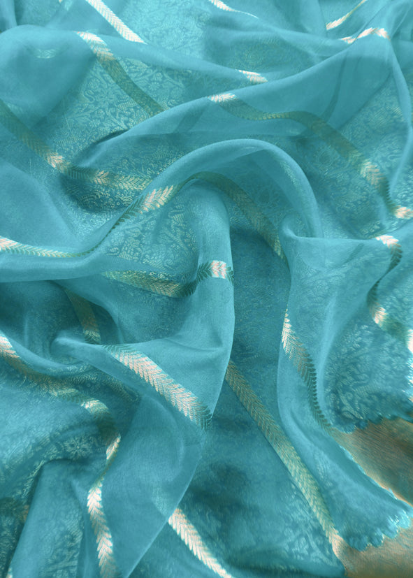 Sky Blue Brocade Kurta With Organza Dupatta