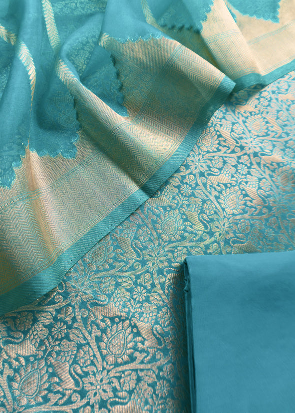 Sky Blue Brocade Kurta With Organza Dupatta