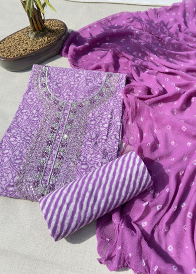 Purple Unstitched Cotton Suit With Bandhani Dupatta