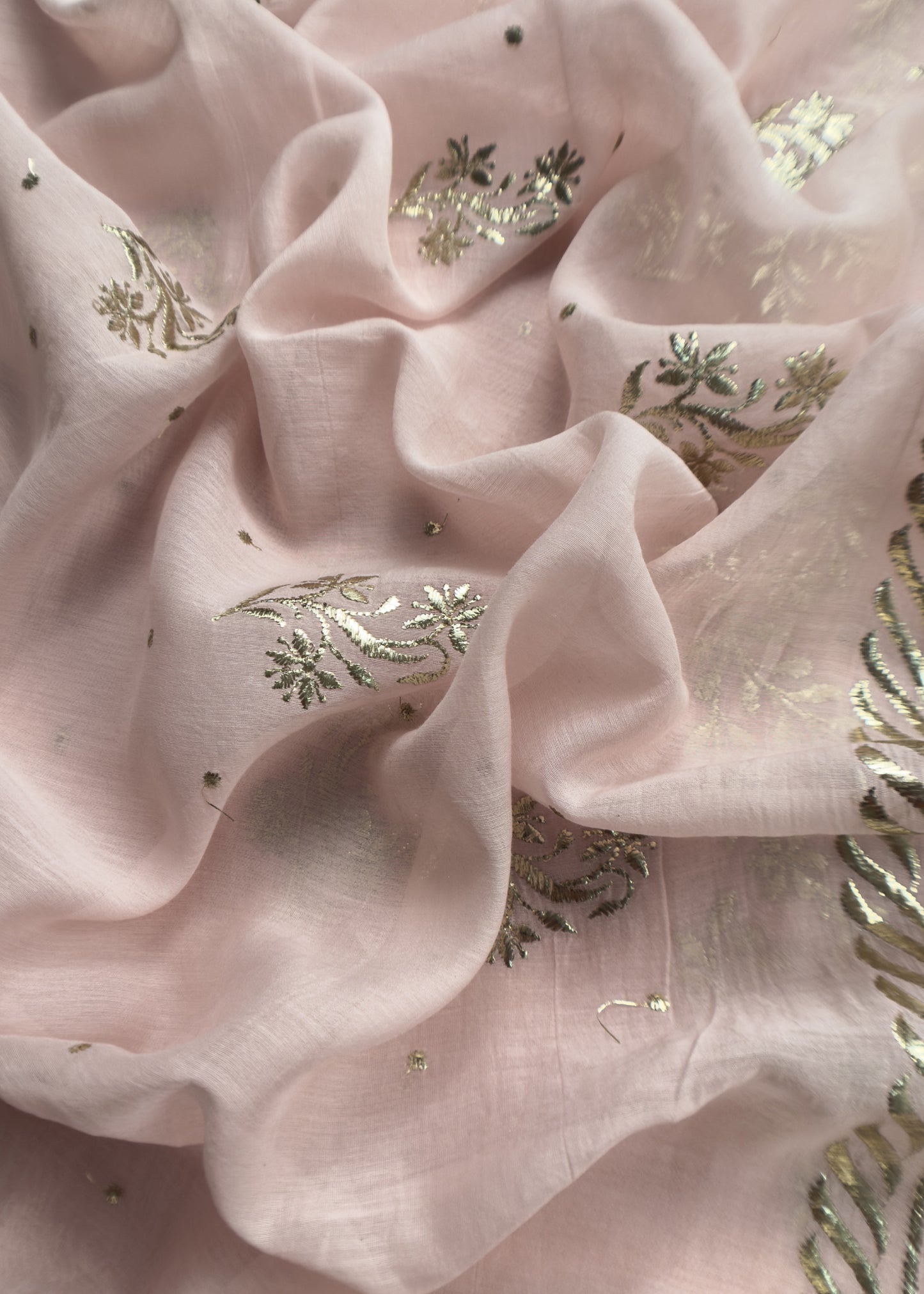 Baby Pink Handloom Mul Chanderi Suit With Gold Pitta Hand Work