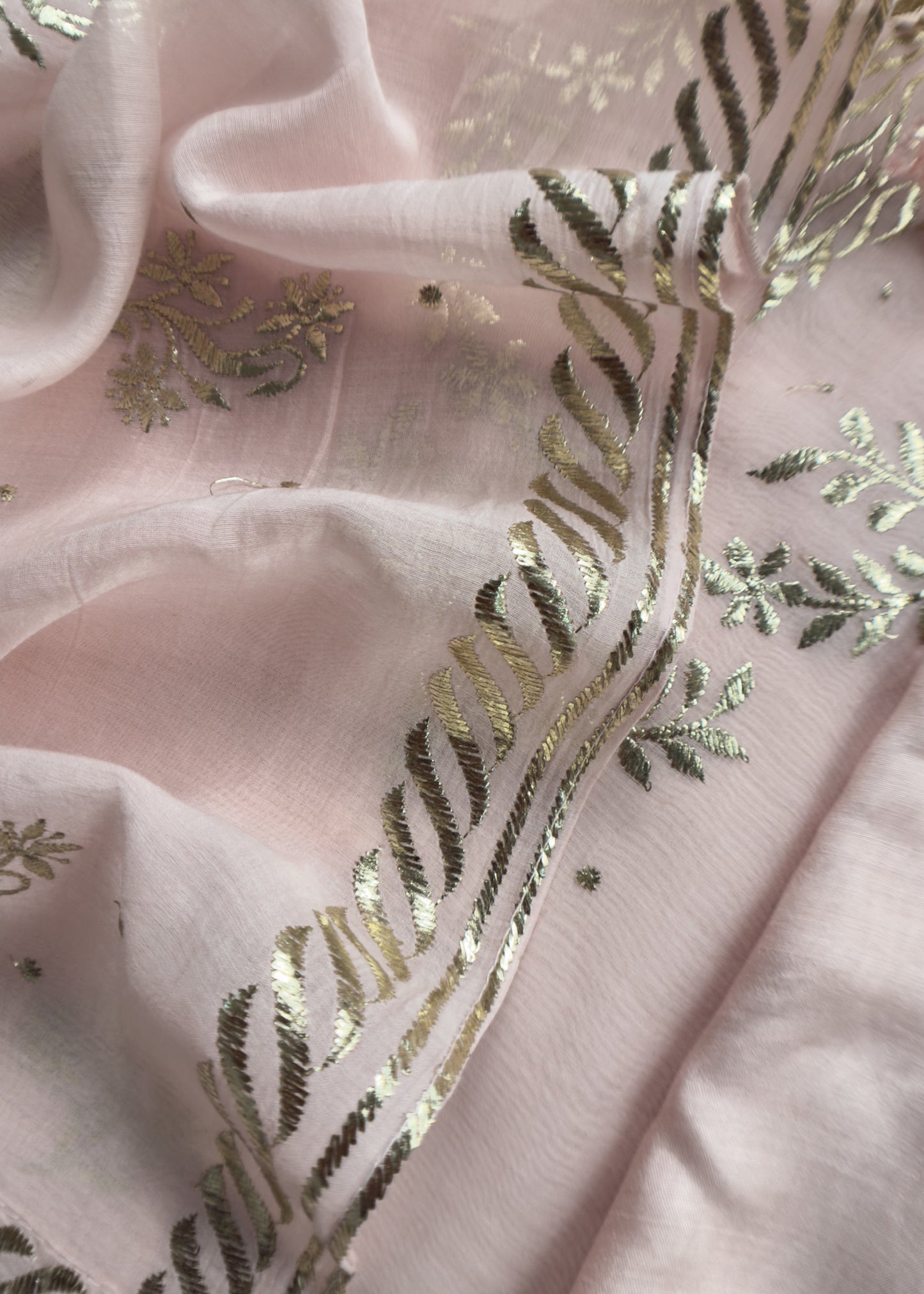 Baby Pink Handloom Mul Chanderi Suit With Gold Pitta Hand Work