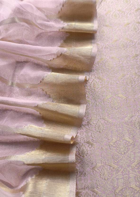 Baby Pink Banarasi Silk Brocade Suit With Organza Dupatta