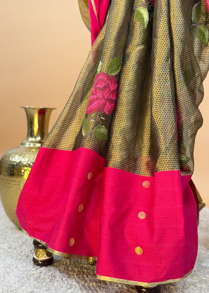 Pink Saree in Handloom Silk Adorned With Woven Polka Bootis