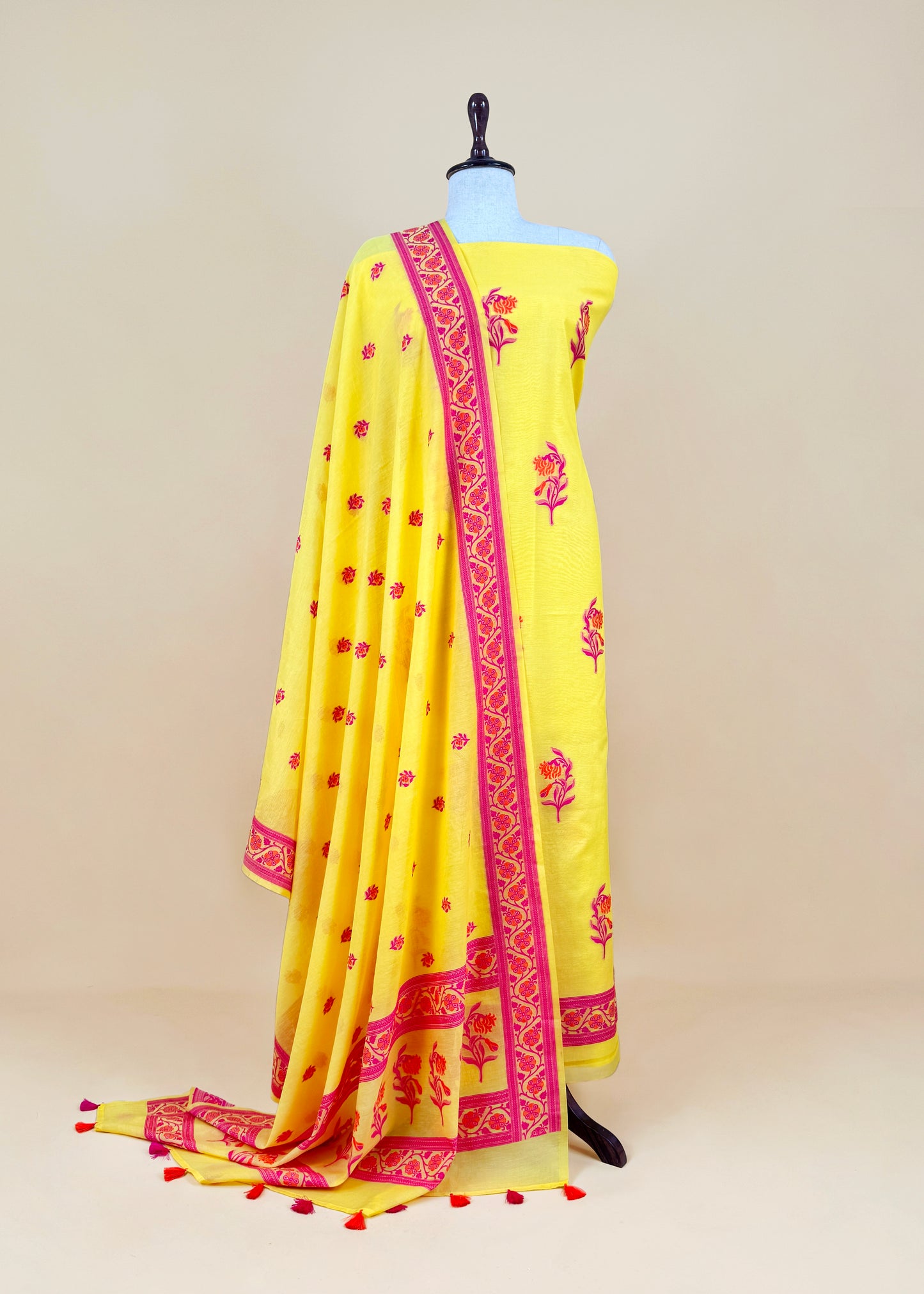 Yellow Handloom Banarasi Suit With Meenakari Weaving