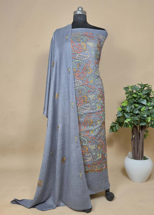 Grey Merino Wool Suit with Aari Work