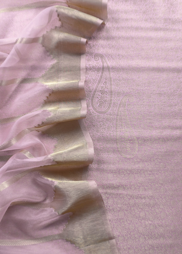 Pink Brocade Kurta With Organza Dupatta