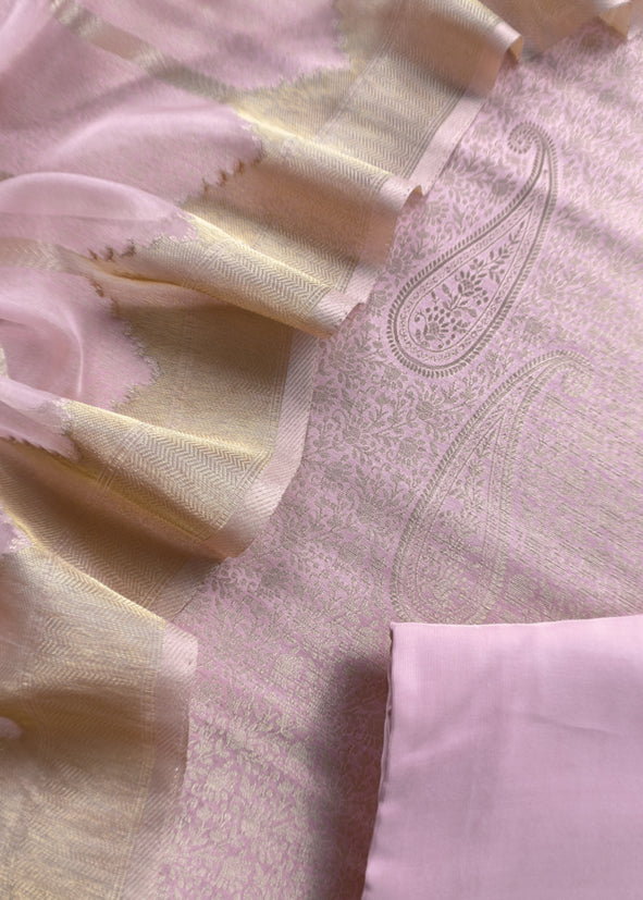 Pink Brocade Kurta With Organza Dupatta