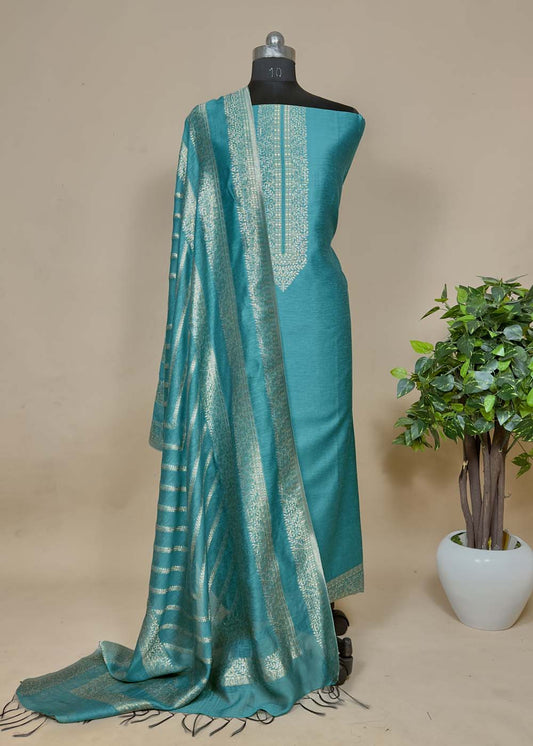Green Cotton Silk Suit With Zari Weaving