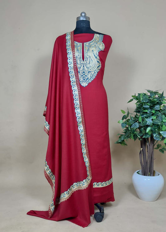Red Woolen Suit With Aari Embroidery