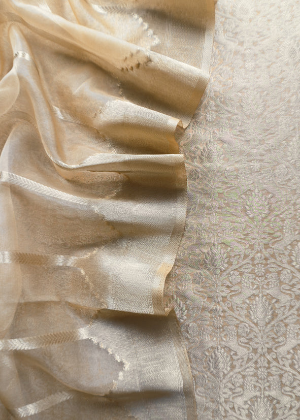Beige Banarasi Silk Brocade Suit With Organza Dupatta