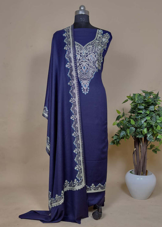 Blue Woolen Suit With Aari Embroidery